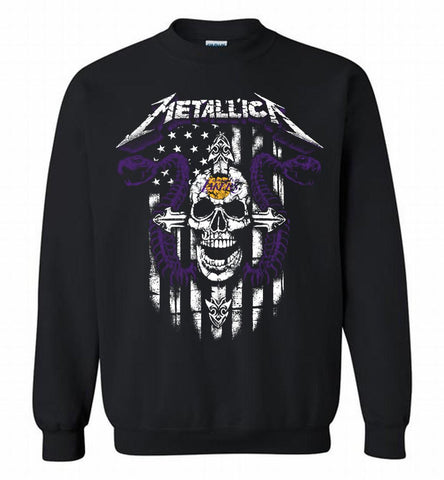 Metallica Snake Skull Los Angeles Lakers Logo Crewneck Sweatshirt - zezetee Metallica Snake Skull Los Angeles Lakers Logo Crewneck Sweatshirt - zezetee