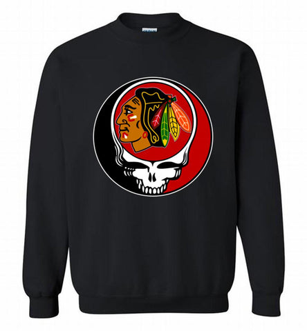 NHL TEAM CHICAGO BLACKHAWKS X GRATEFUL DEAD LOGO BAND Crewneck Sweatshirt - zezetee NHL TEAM CHICAGO BLACKHAWKS X GRATEFUL DEAD LOGO BAND Crewneck Sweatshirt - zezetee