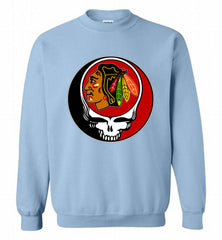 NHL TEAM CHICAGO BLACKHAWKS X GRATEFUL DEAD LOGO BAND Crewneck Sweatshirt - zezetee NHL TEAM CHICAGO BLACKHAWKS X GRATEFUL DEAD LOGO BAND Crewneck Sweatshirt - zezetee